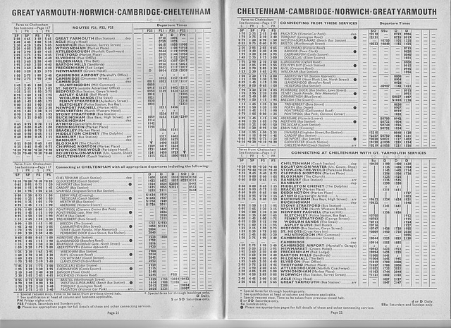 Associated Motorways Summer 1972 timetable for the Great Yarmouth to Cheltenham service