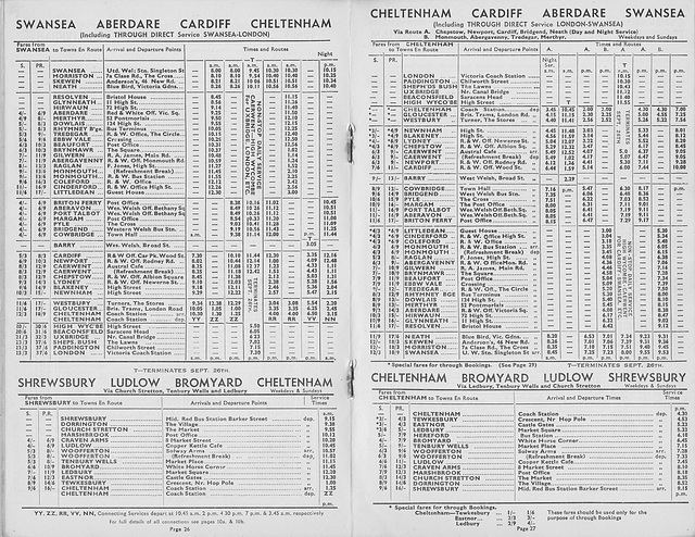 Associated Motorways Summer 1954 timetable for the Swansea to Cheltenham service (including a direct Swansea-London faster service)