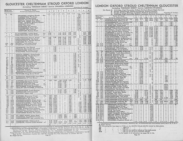 Associated Motorways Summer 1954 timetable for the Gloucester-Cheltenham-London service (including a direct Swansea-London faster service)