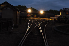 Railway yard at night.