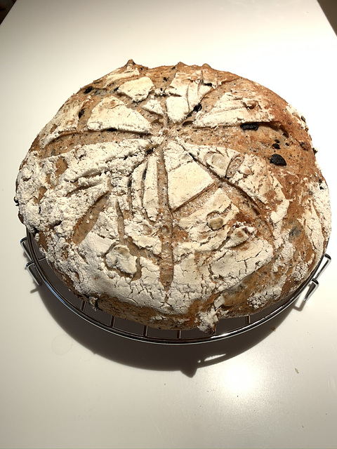 Banneton-proofed home baked wholemeal loaf
