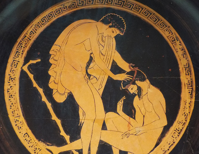 Detail of a Red-Figure Kylix Attributed to Onesimos as Painter with a Drunk Man Vomiting in the Getty Villa, June 2016