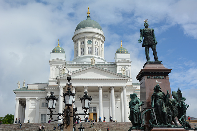 Finland, Helsinki Cathedral and Monument to Emperor Alexander the Second on Senate Square