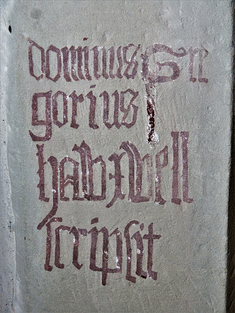 morley church, derbs, c15? mural inscription dominus gregorius halbiwell scriptit