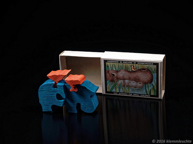 Matchbox-Puzzle, Nilpferd mit Madenhackern, Holz, lasiert, 2016