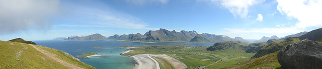 Norway, Lofoten Islands, Panoramic View to the East from Yttersandheia Ridge