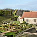 Chapel of St Nicholas and Princess Beatrice's garden, view from Carisbrook Castle rampart walk