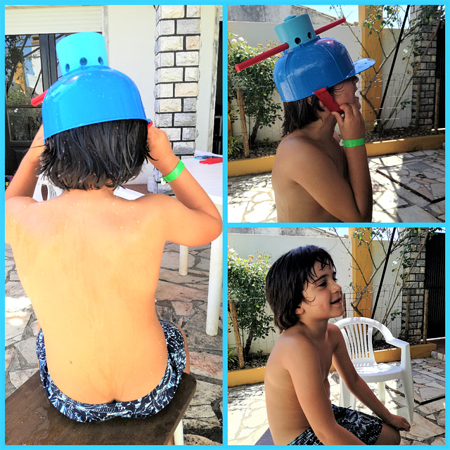 Francisco with the water helmet, without the water helmet, and with the water running down the head