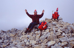 Jim Simpson at summit Cairn of Ruadh stac Mor, Beinn Eighe 12th May 1996.