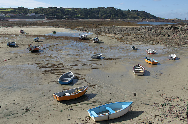 Beached boats at Rocquaine Bay, Guernsey