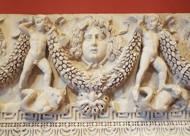 Detail of a Sarcophagus with Medusa and Theatre Masks in the Getty Villa, June 2016