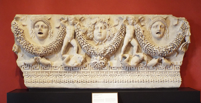 Sarcophagus with Medusa and Theatre Masks in the Getty Villa, June 2016