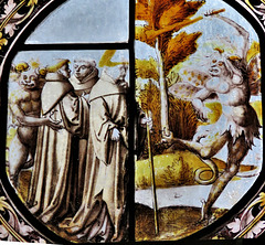 canterbury museum glass   (1) devils with monks, c16 flemish glass