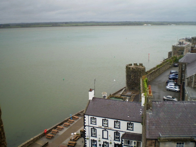 Overview to Caernarfon waterside and Anglesey Island.