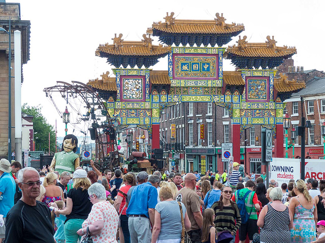Chinese arch with the little girl giant, Liverpool.