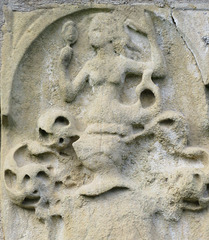 newstead abbey, notts; mermaid crest on c17 porch removed from west front