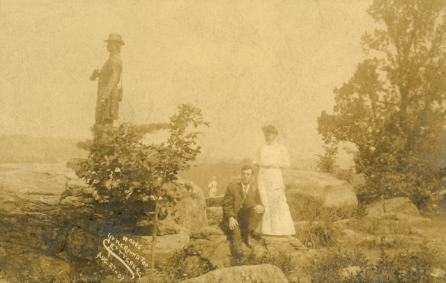 Man and Woman at General Warren Statue, Little Roundtop, Gettysburg, Pa., August 27, 1907