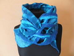 turquoise and blue felted scarf embellished with viscose fibres