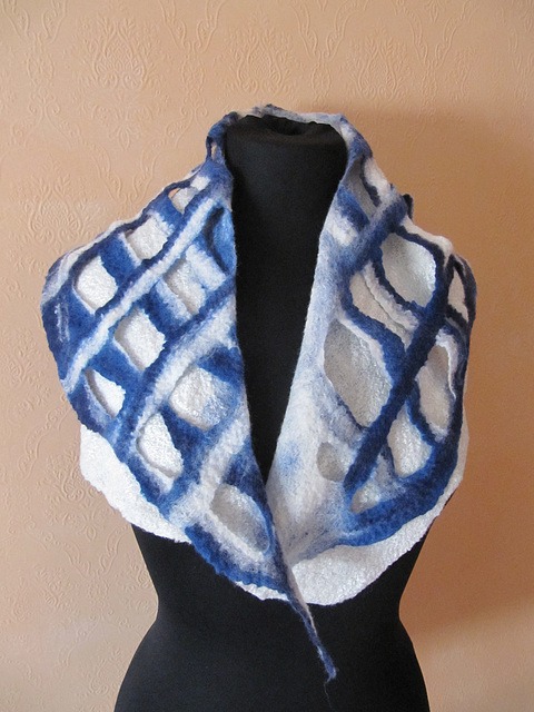 white and blue felted scarf