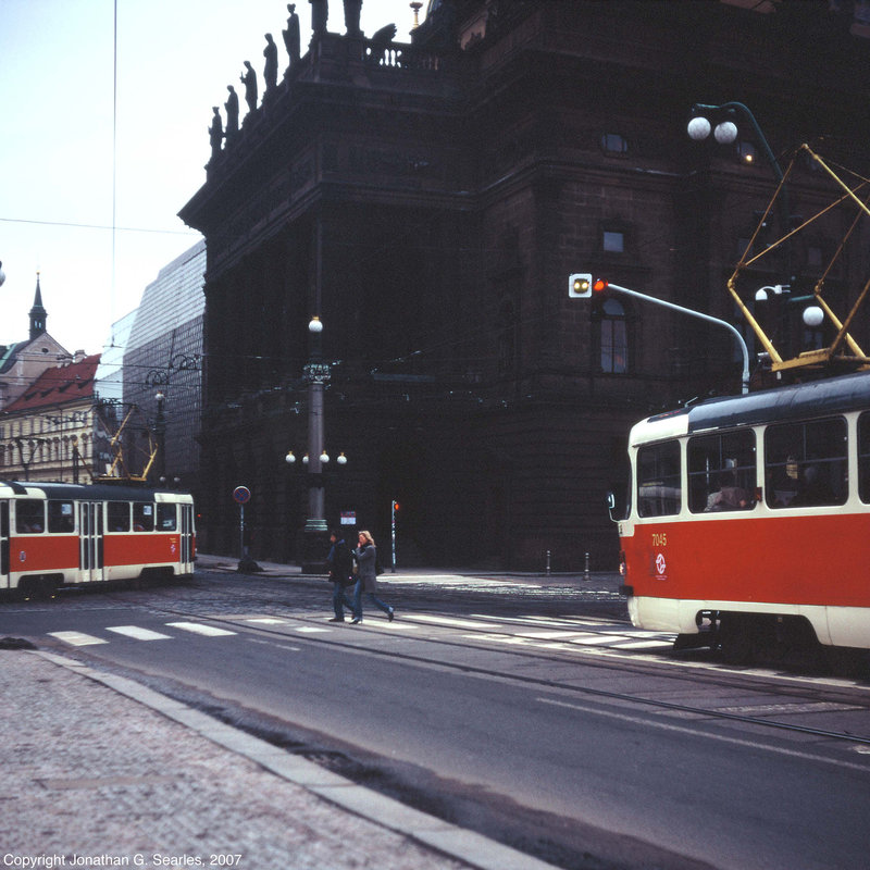 DPP #7045 and 7135 at Narodni Divadlo, Prague, CZ, 2007