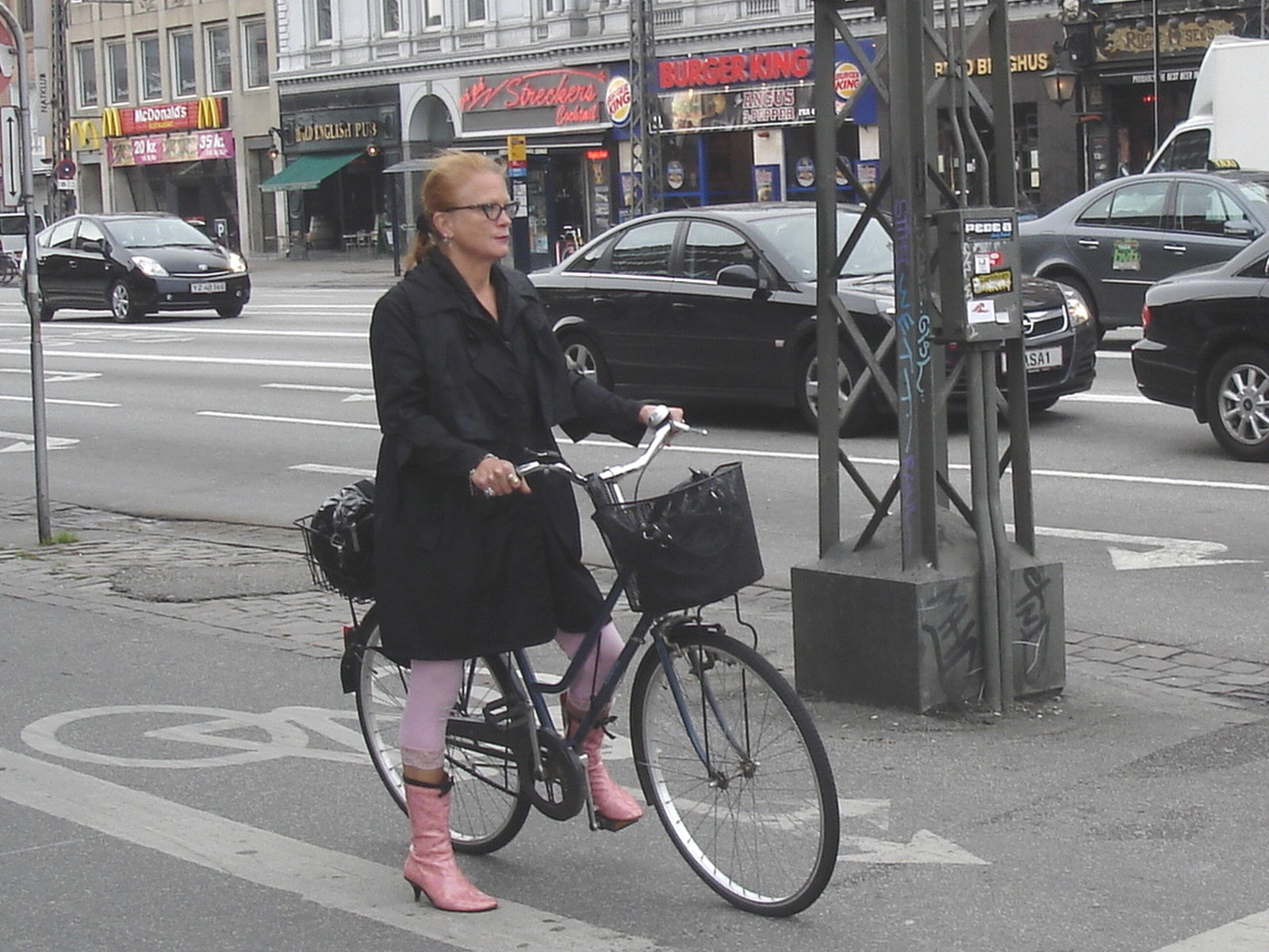 Readhead Danish mature Lady biker in colourful pale high-heeled boots