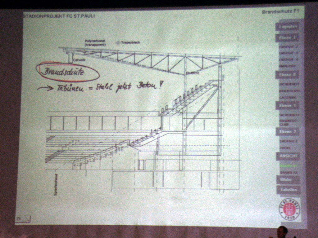 Tribünenkonstruktion, erst Stahl, nun aus Beton, wegen Brandschutz und so...
