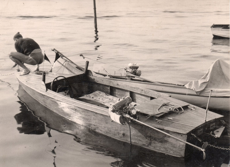 young man in dreiecksbadehose on his boat 1930'