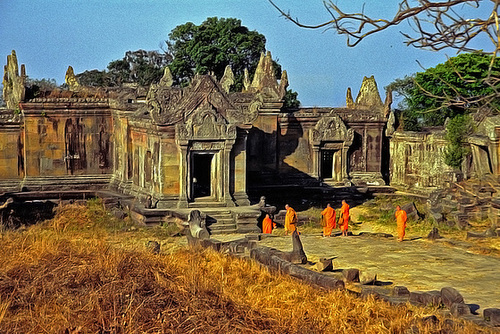 Monks entering the Gopura complex