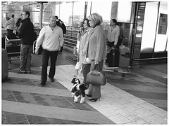 Dame blonde du bel âge en bottes de Dominatrice avec son toutou - Blonde mature in Dominatrix Boots with her dog- 19-10-2008 -  Aéroport de Bruxelles - En noir et blanc / Black & white - Noir et blanc