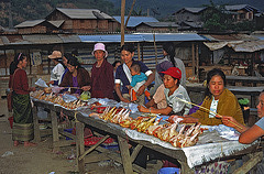 Laos women selling fresh chicken