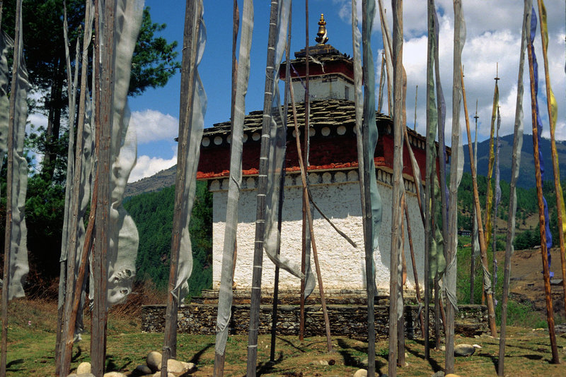 Chorten and a forest of prayer flags