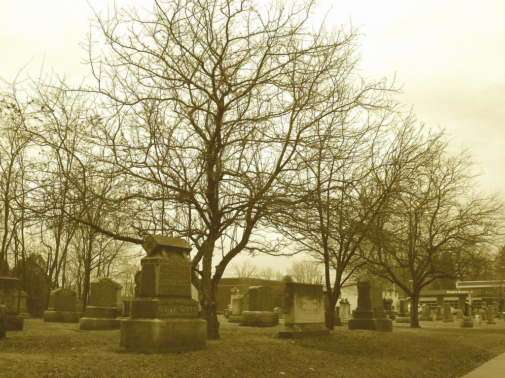 Cimetière et église  / Church and cemetery  -  Ormstown.  Québec, CANADA.  29 mars 2009- Sepia