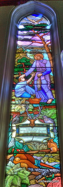 The William Baxter (1877-1973) Window (NOT Burne-Jones) Relatively modern addition to Gordon Chapel, in memory of the founder of Baxters of Fochabers and his wife, with references to local scenery, fl