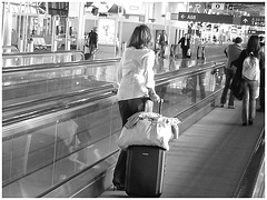 White blouse Lady in stiletto heels - Brussels airport /  19-10-2008  - B & W