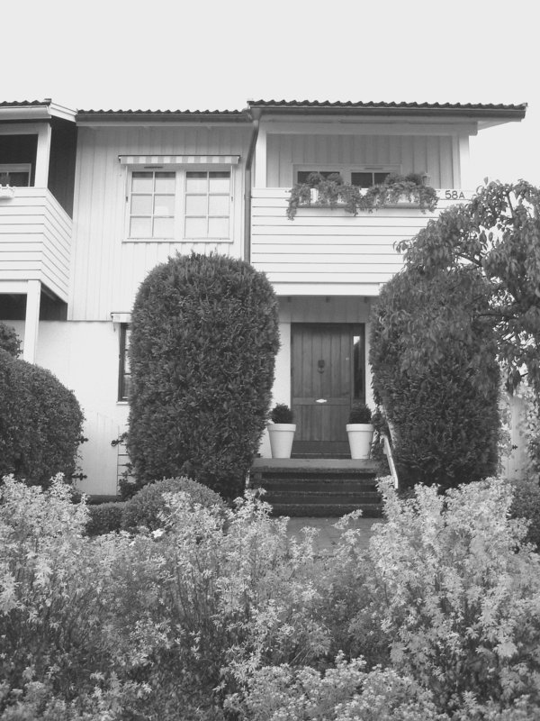 House entrance among the greenery -  Porte d'entrée invitante parmi la verdure - Båstad, Suède - B & W.