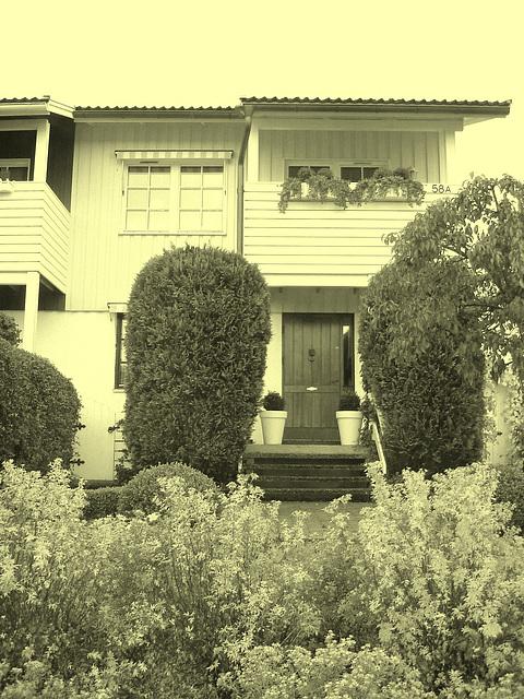 House entrance among the greenery -  Porte d'entrée invitante parmi la verdure - Båstad, Suède -  Vintage artwork.