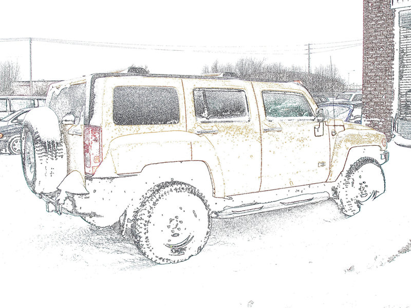 Hummer jaune dans la neige  /  Yellow hummer in the snow  -  Dans ma ville  /  Hometown. - Photofiltreé en contours de couleurs.