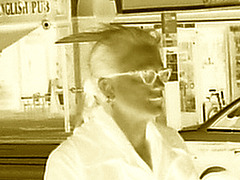 7 store readhead Danish mature Lady biker in colourful pale high-heeled boots- 20-10-2008 - Ghost negative sepia.