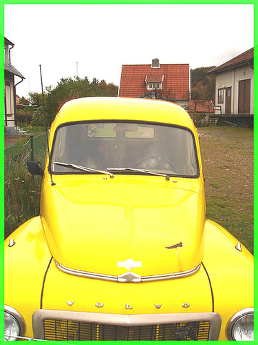 Yellow Martini Volvo on the grass / Volvo jaune sur pelouse