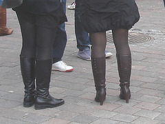 7 Eleven Swedish blond duo in dominatrix and flat leather Boots - Helsingborg / Sweden.  October 22th 2008.