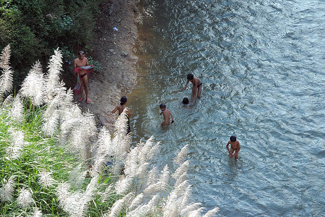Refreshing bath in the Nam Ming river