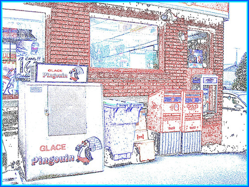 Pingouin / Recyclage / La Poste /  Téléphone - Dépanneur du Québec / General store in Quebec - 7 décembre 2008 / Contours de couleurs.