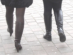 7 Eleven Swedish blond duo in dominatrix and flat leather Boots - Helsingborg / Sweden.  October 22th 2008.