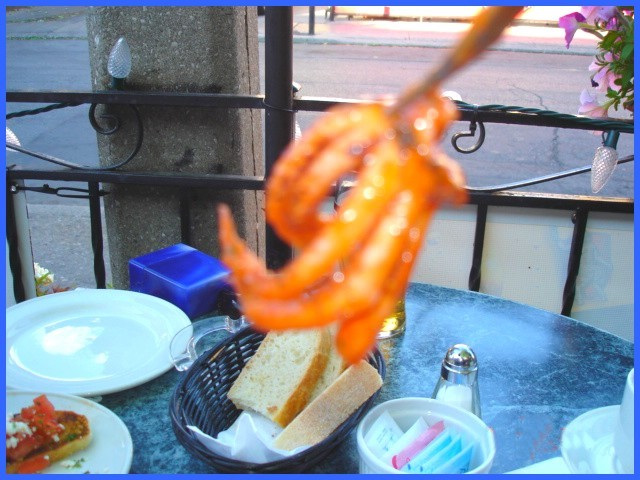 Greek octopus snack -Pieuvre à la grecque- Avec flash-Toronto. Canada. 1er Juillet 2007.