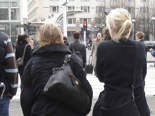 7 Eleven Swedish blonde duo in dominatrix and flat leather Boots - Helsingborg / Sweden.  October 22th 2008.