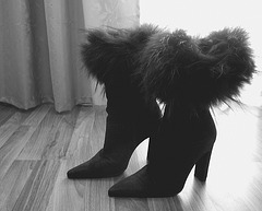 Elsa's friend fur high-heeled boots .  January 2009.  B & W