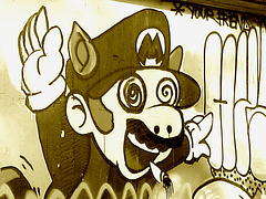 Pont et graffitis " Mario Bros " bridge graffitis  /  Ängelholm - Sweden / Suède - 23 octobre 2008 -  Sepia