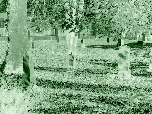 Cimetière et église / Cemetery & church - Ängelholm.  Suède / Sweden.  23 octobre 2008- Effet de négatif + colorisé en vert