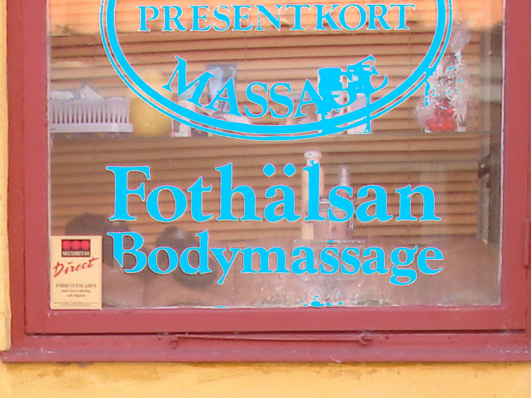 Massage suédois / Fothälsan bodymassage sign -  Laholm / Suède - Sweden.  25 octobre 2008  - En bleu / Blue letters artwork