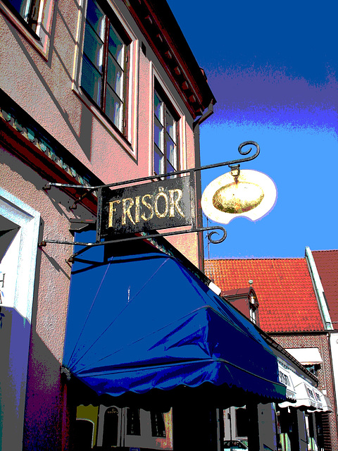 Enseigne publicitaire / Frisör sign -  Laholm / Sweden - Suède.  25 octobre 2008 - Postérisation